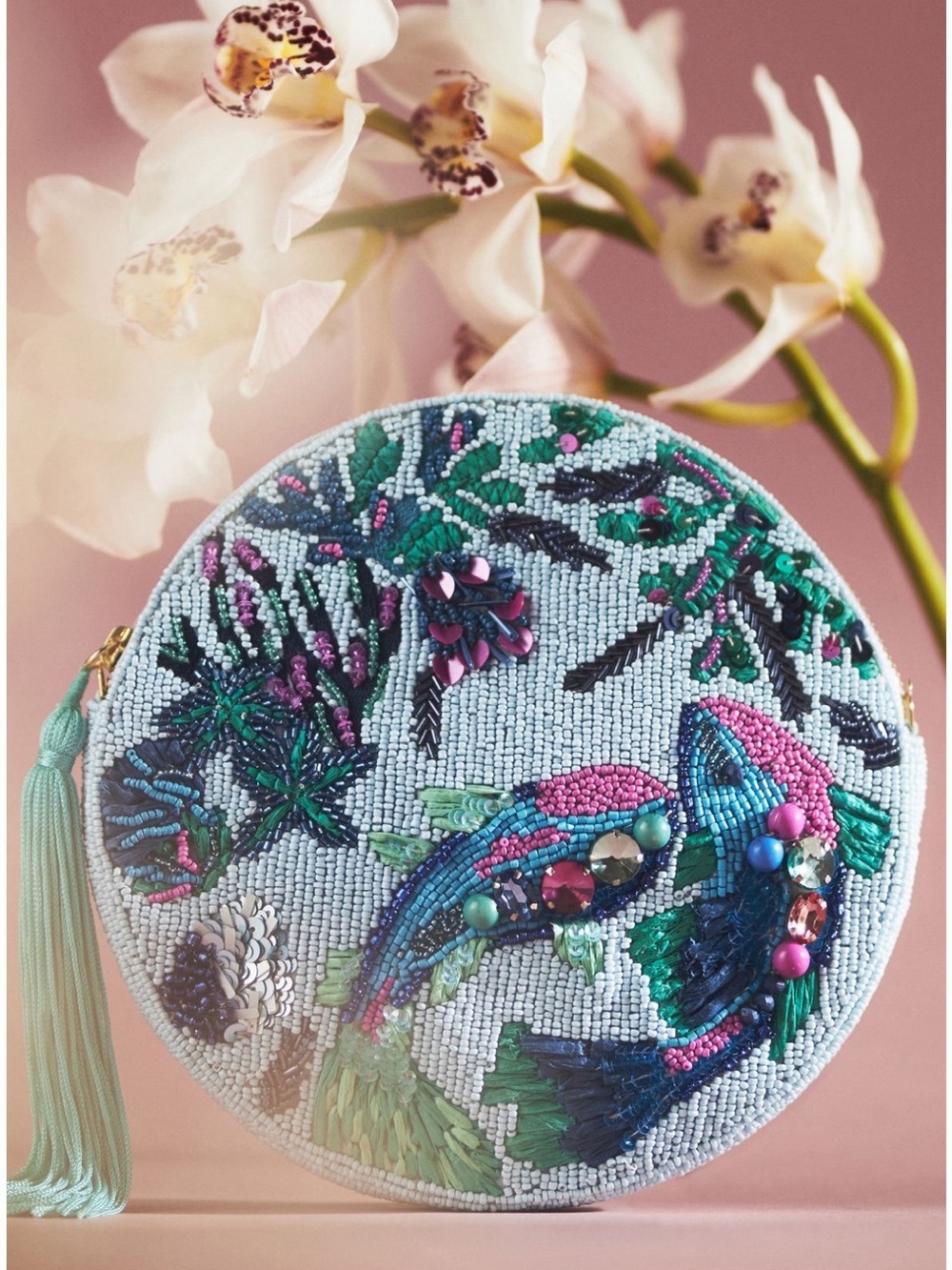 Anthropologie Beaded Round Fish Motif Crossbody Bag in Aqua NWT